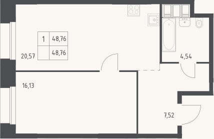 Планировка: 1-к, 48,8 м²