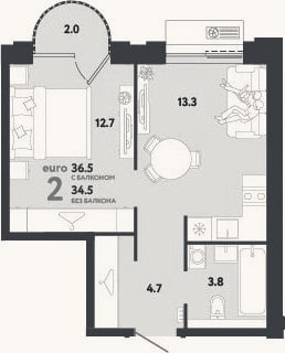 Планировка: 2-к, 34,5 м²