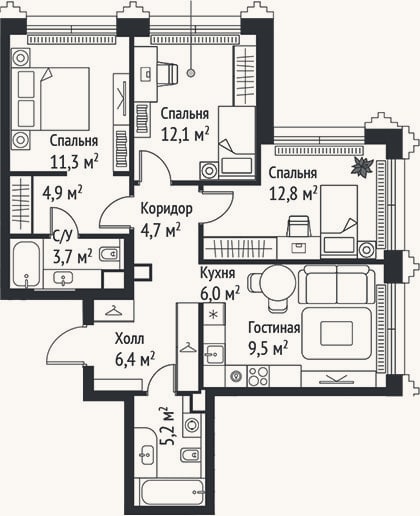 Планировка: 4+ к, 76,6 м²