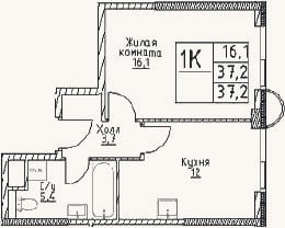 Планировка: 1-к, 37,2 м²