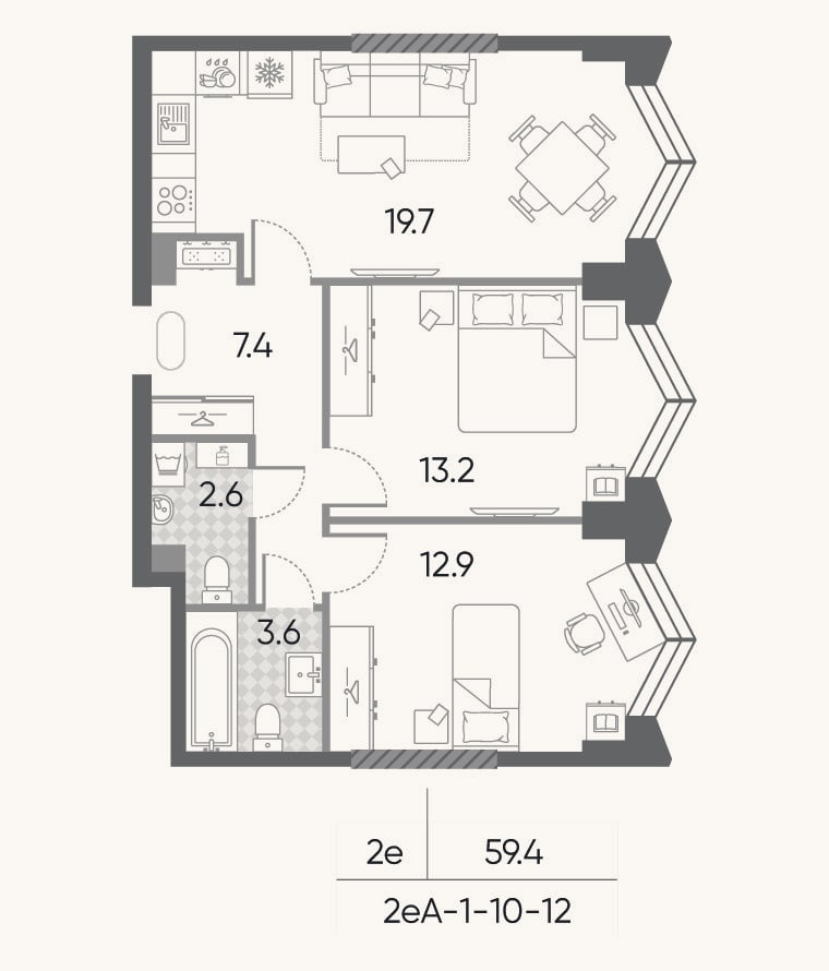 Планировка: 3-к, 59,4 м²