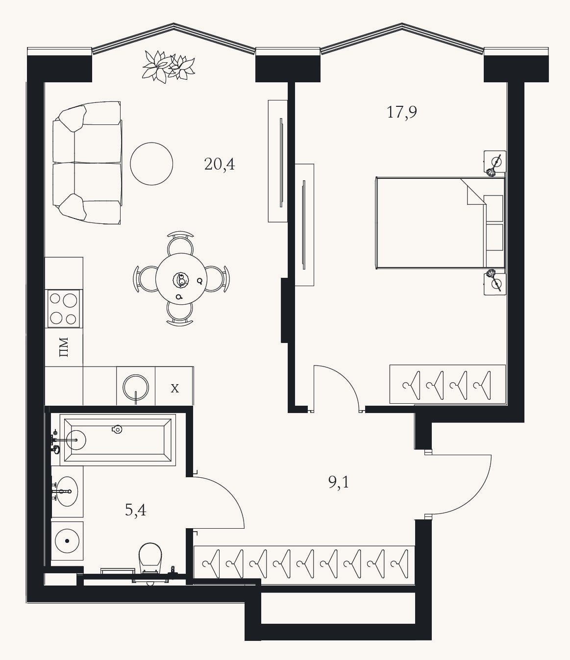 Планировка: 2-к, 50,4 м²