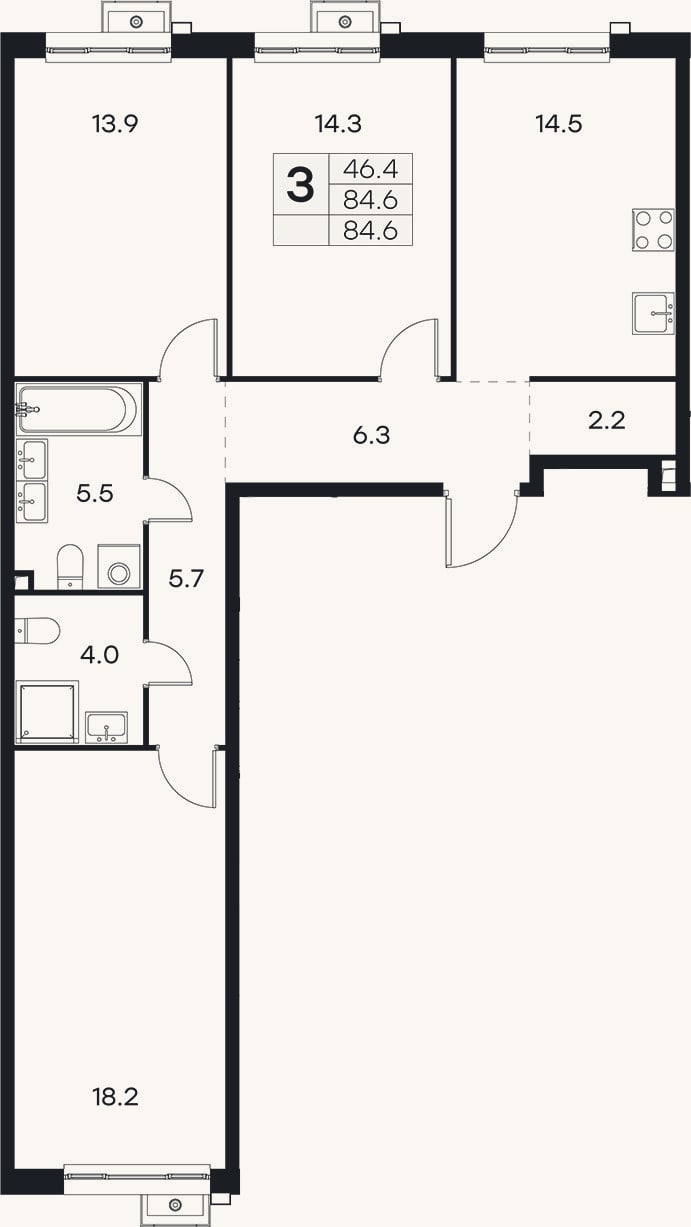 Планировка: 3-к, 84,6 м²