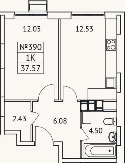 Планировка: 1-к, 37,6 м²