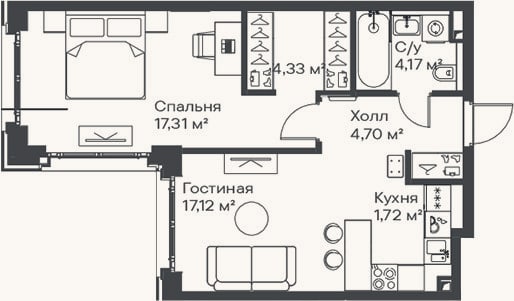 Планировка: 2-к, 49,4 м²