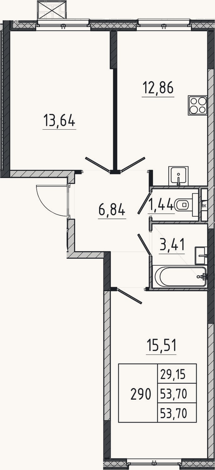 Планировка: 2-к, 53,7 м²