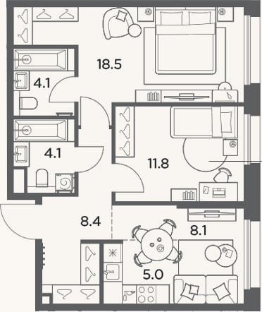 Планировка: 3-к, 60 м²