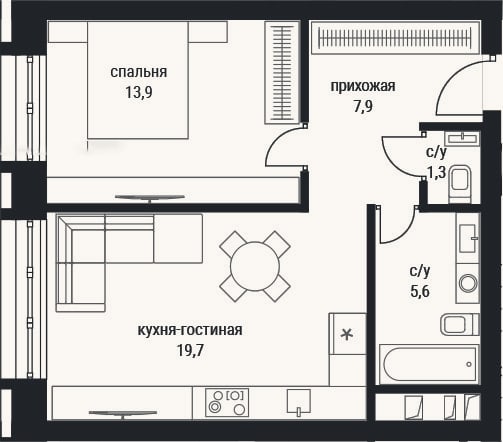 Планировка: 2-к, 48,4 м²