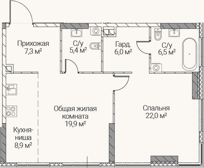 Планировка: 2-к, 76 м²