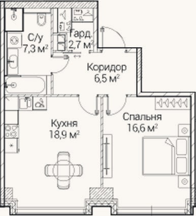 Планировка: 1-к, 52 м²