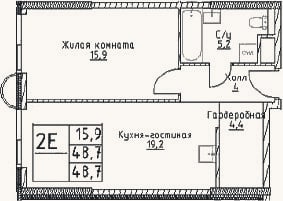 Планировка: 2-к, 48,7 м²