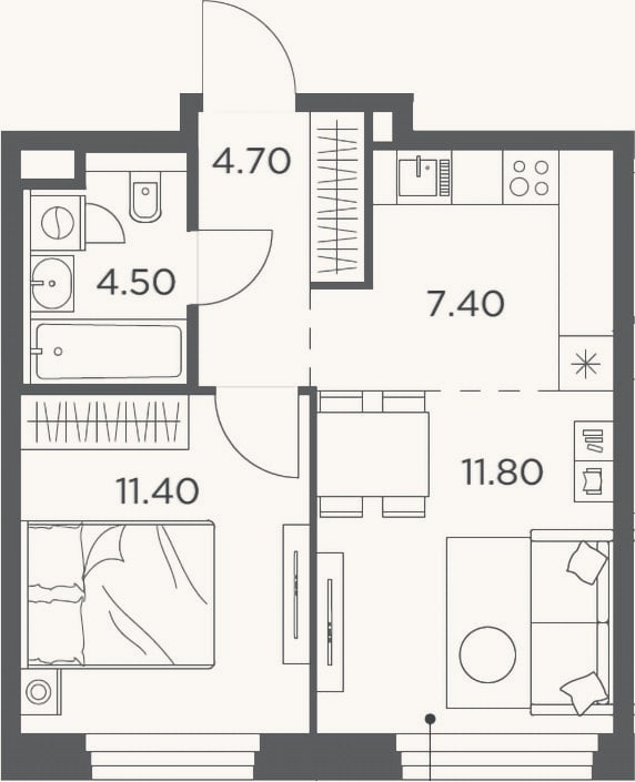 Планировка: 2-к, 39,8 м²
