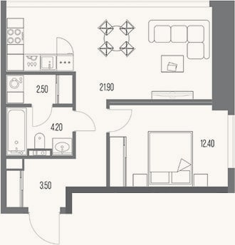 Планировка: 1-к, 48,6 м²