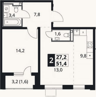 Планировка: 2-к, 49,8 м²