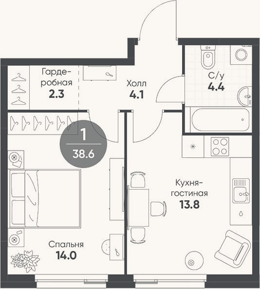 Планировка: 2-к, 38,6 м²