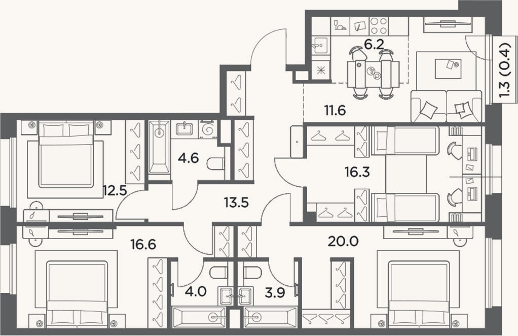 Планировка: 4+ к, 109,2 м²