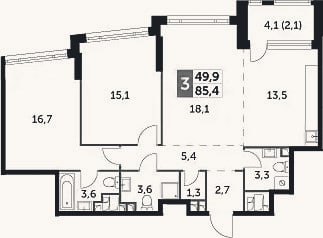 Планировка: 3-к, 83,3 м²