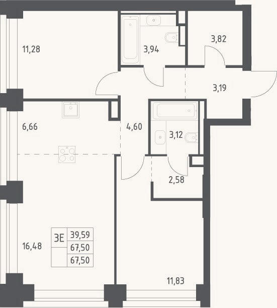 Планировка: 3-к, 67,5 м²