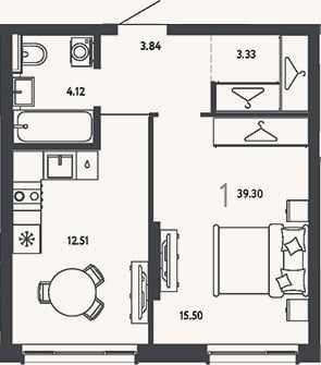 Планировка: 1-к, 39,3 м²