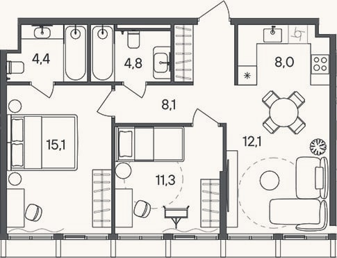 Планировка: 3-к, 63,8 м²