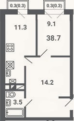 Планировка: 1-к, 38,1 м²