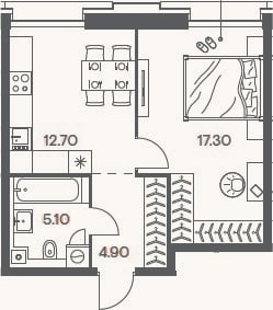 Планировка: 1-к, 40 м²