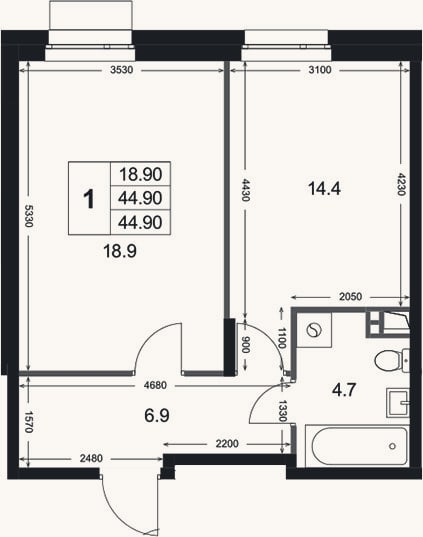 Планировка: 1-к, 44,9 м²