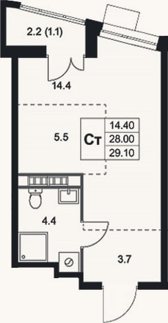 Планировка: Студия, 28 м²