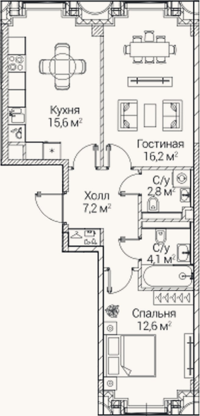 Планировка: 2-к, 58,3 м²