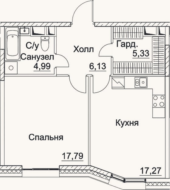 Планировка: 1-к, 51,5 м²