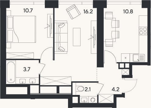 Планировка: 2-к, 47,7 м²