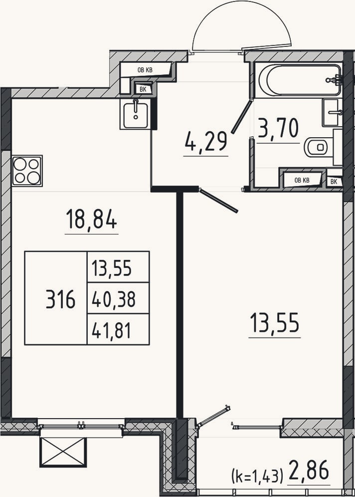 Планировка: 2-к, 40,4 м²