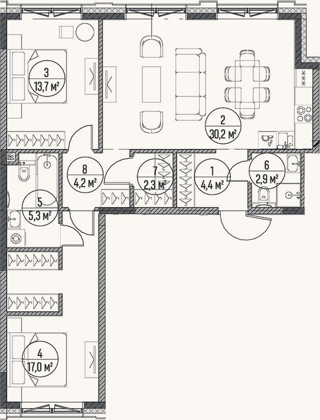 Планировка: 3-к, 80 м²
