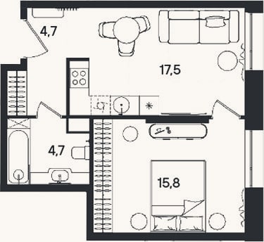 Планировка: 2-к, 42,7 м²