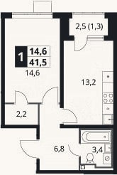 Планировка: 1-к, 40,2 м²