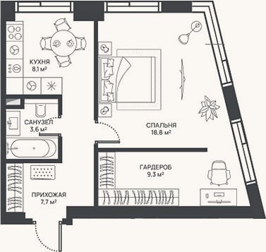 Планировка: 1-к, 47,5 м²
