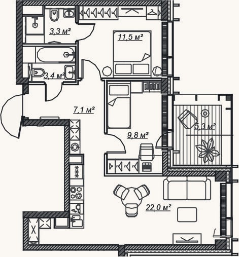Планировка: 3-к, 57,1 м²