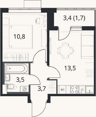 Планировка: 1-к, 31,5 м²
