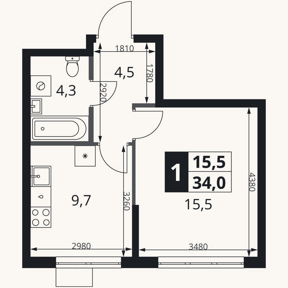 Планировка: 1-к, 34 м²