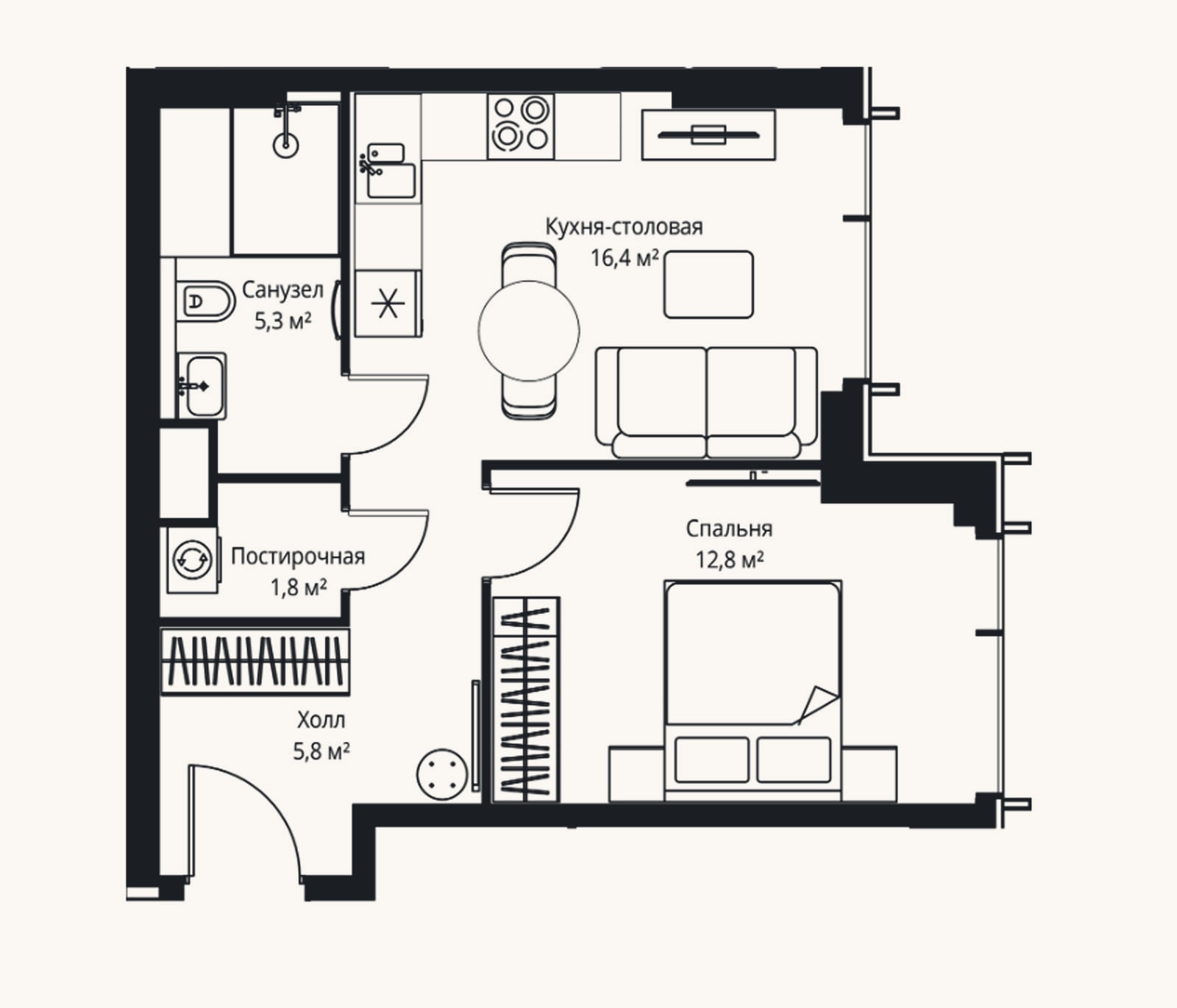 Планировка: 2-к, 42,1 м²