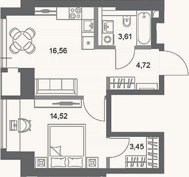 Планировка: 1-к, 42,9 м²