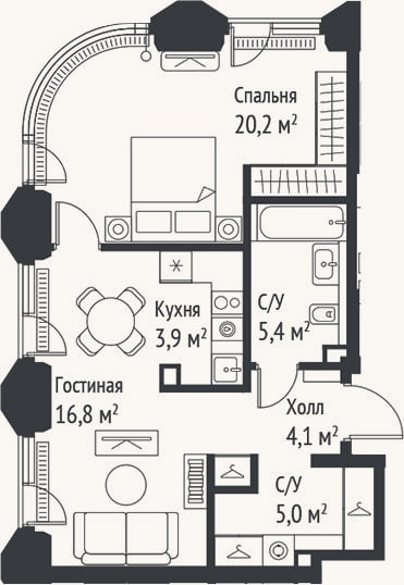 Планировка: 2-к, 55,3 м²