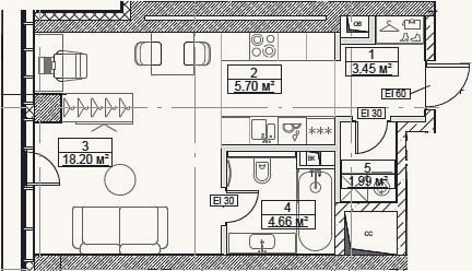 Планировка: Студия, 34 м²