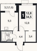 Планировка: 1-к, 32,9 м²