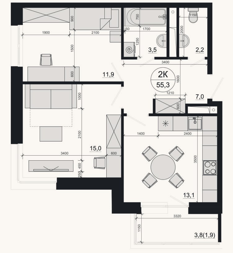 Планировка: 2-к, 52,7 м²