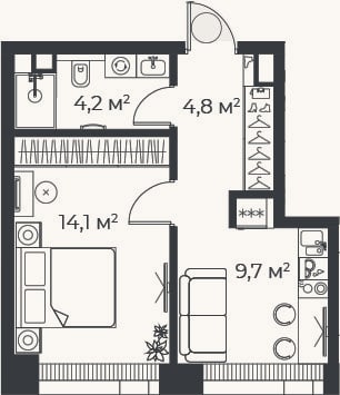 Планировка: 1-к, 32,8 м²