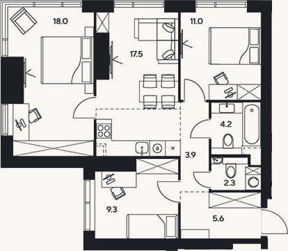 Планировка: 4+ к, 71,8 м²