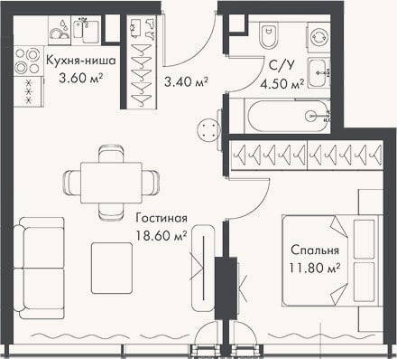 Планировка: 2-к, 41,9 м²