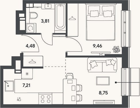 Планировка: 2-к, 33,7 м²