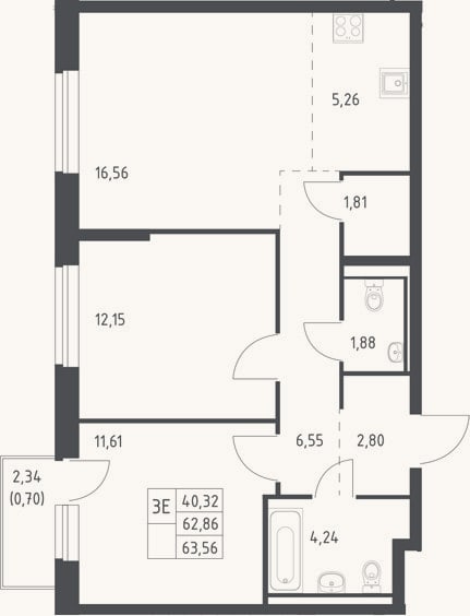 Планировка: 3-к, 62,9 м²